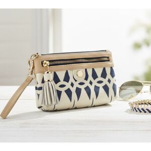 Spartina 449 Daufuskie Island Wristlet Canvas Leather Trim Purse Natural Linen
